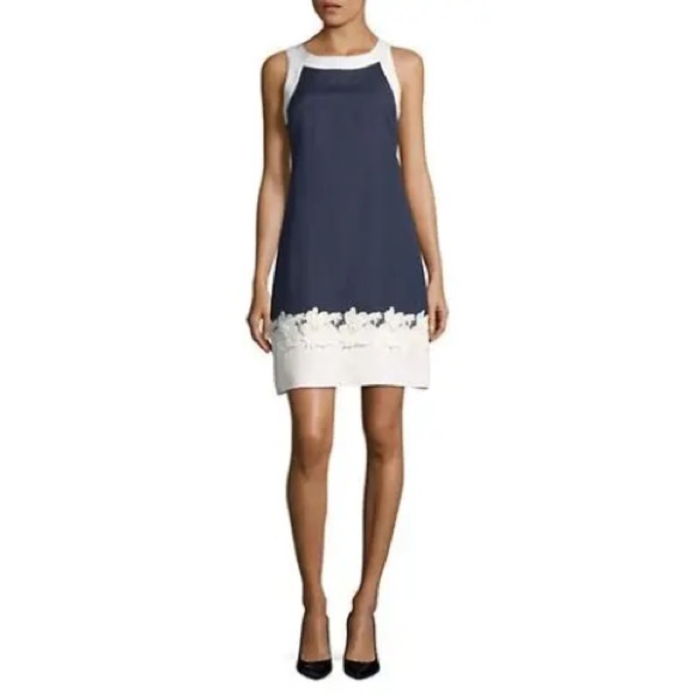 Eliza J Navy and White Sleeveless Shift Dress with Floral Trim